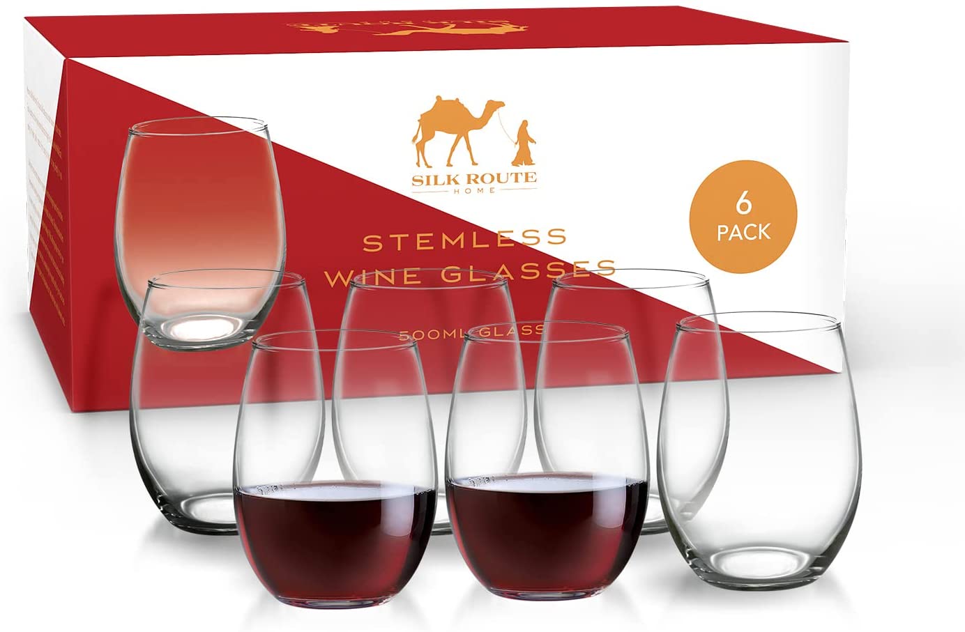 6 x 500ml Clear Stemless Wine Glasses