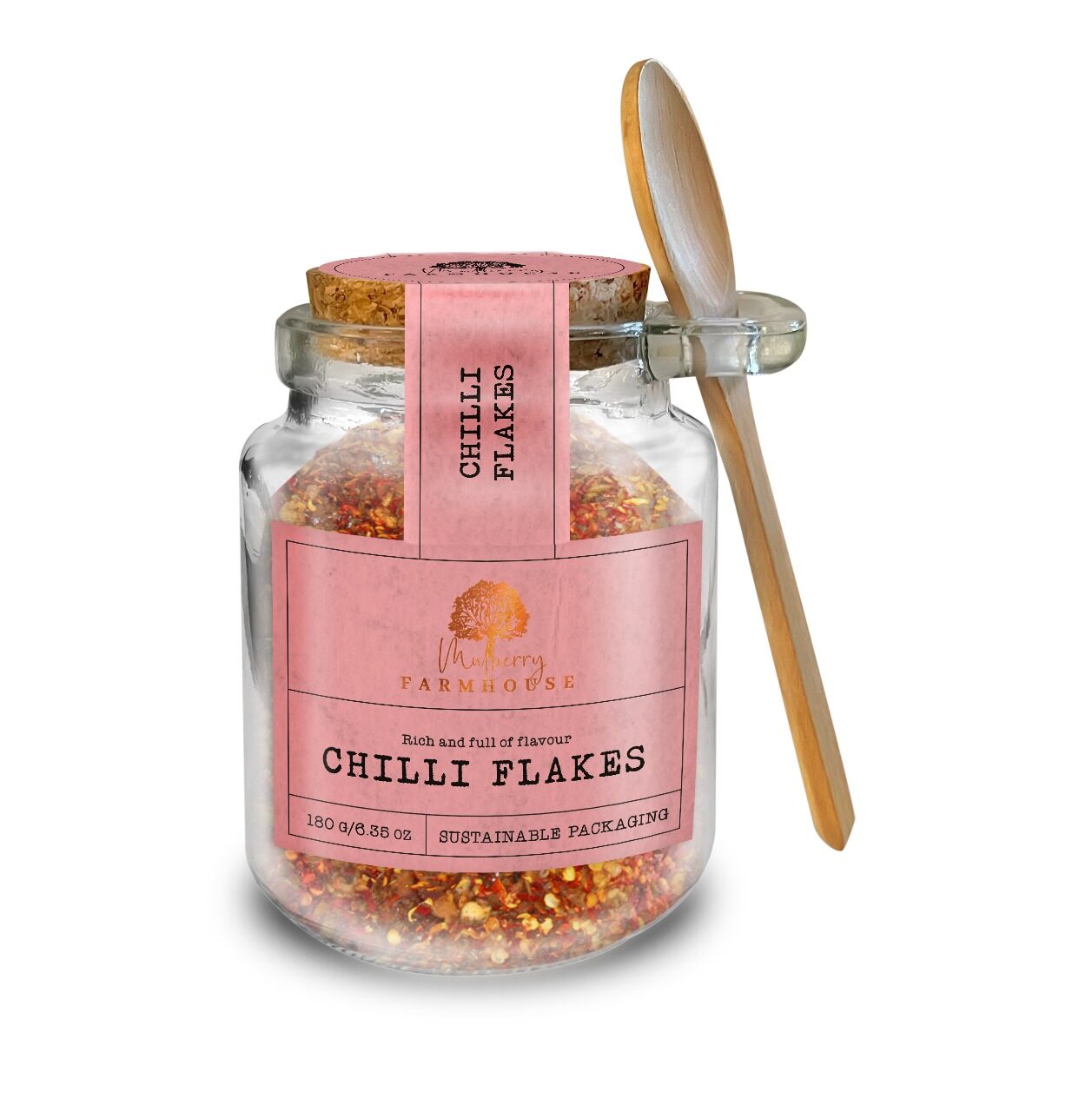 Chilli Flakes Refillable Glass Jar & Wooden Spoon