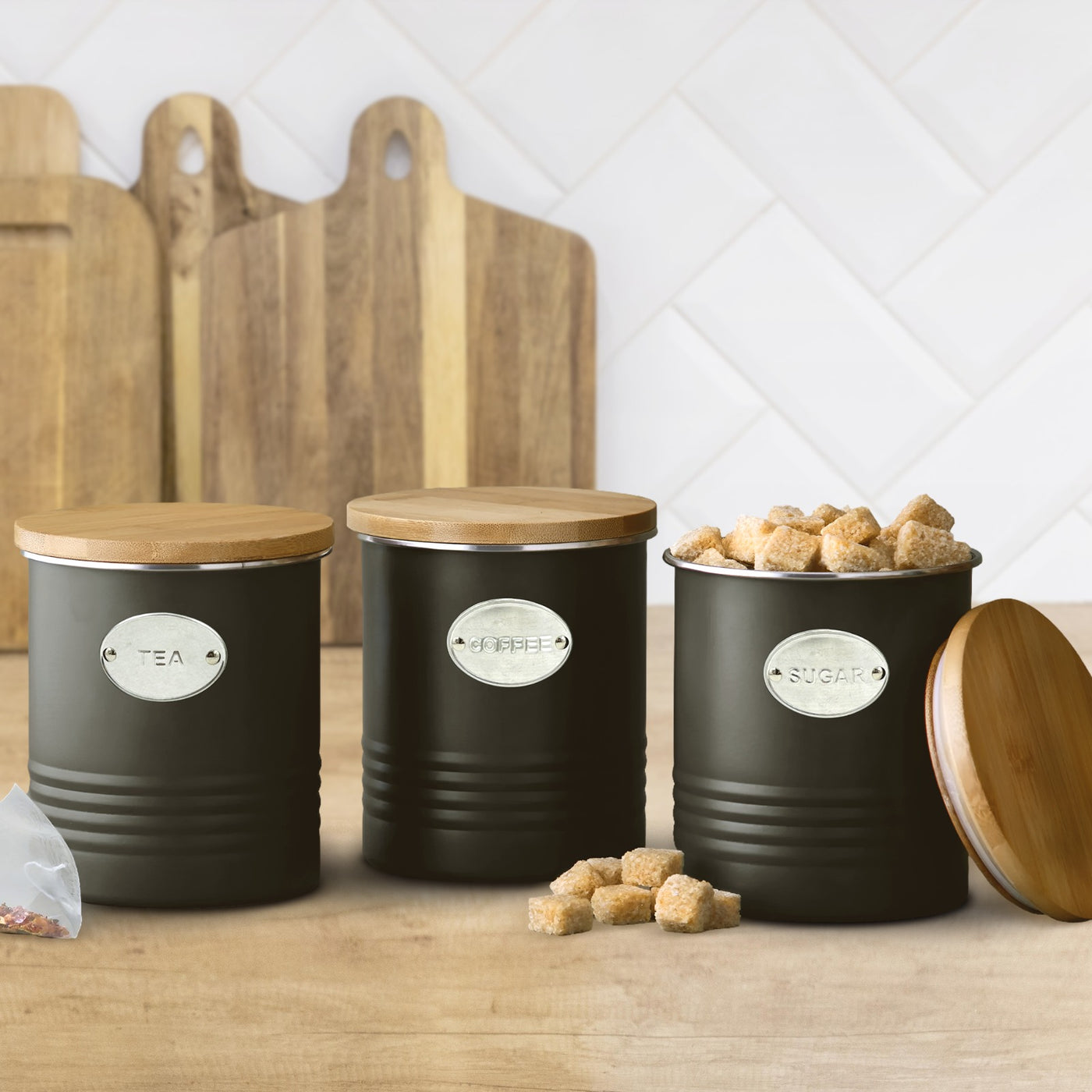 Black Metal Kitchen Storage Tea, Coffee Sugar Canisters Set With