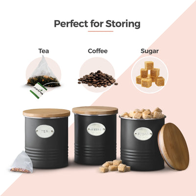 Black Metal Kitchen Tea, Coffee & Sugar Canister Set