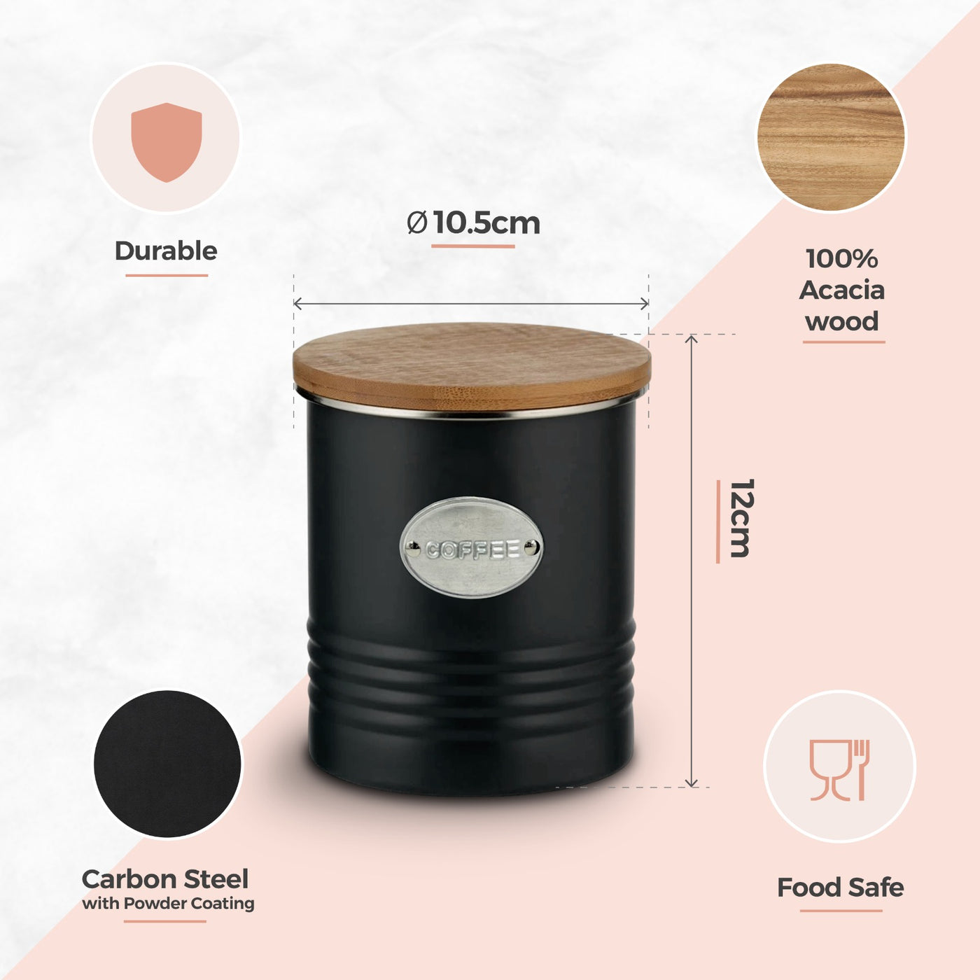 Black Metal Kitchen Tea, Coffee & Sugar Canister Set