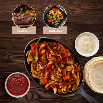 Cast Iron Fajita Frying Pan & Wooden Serving Board