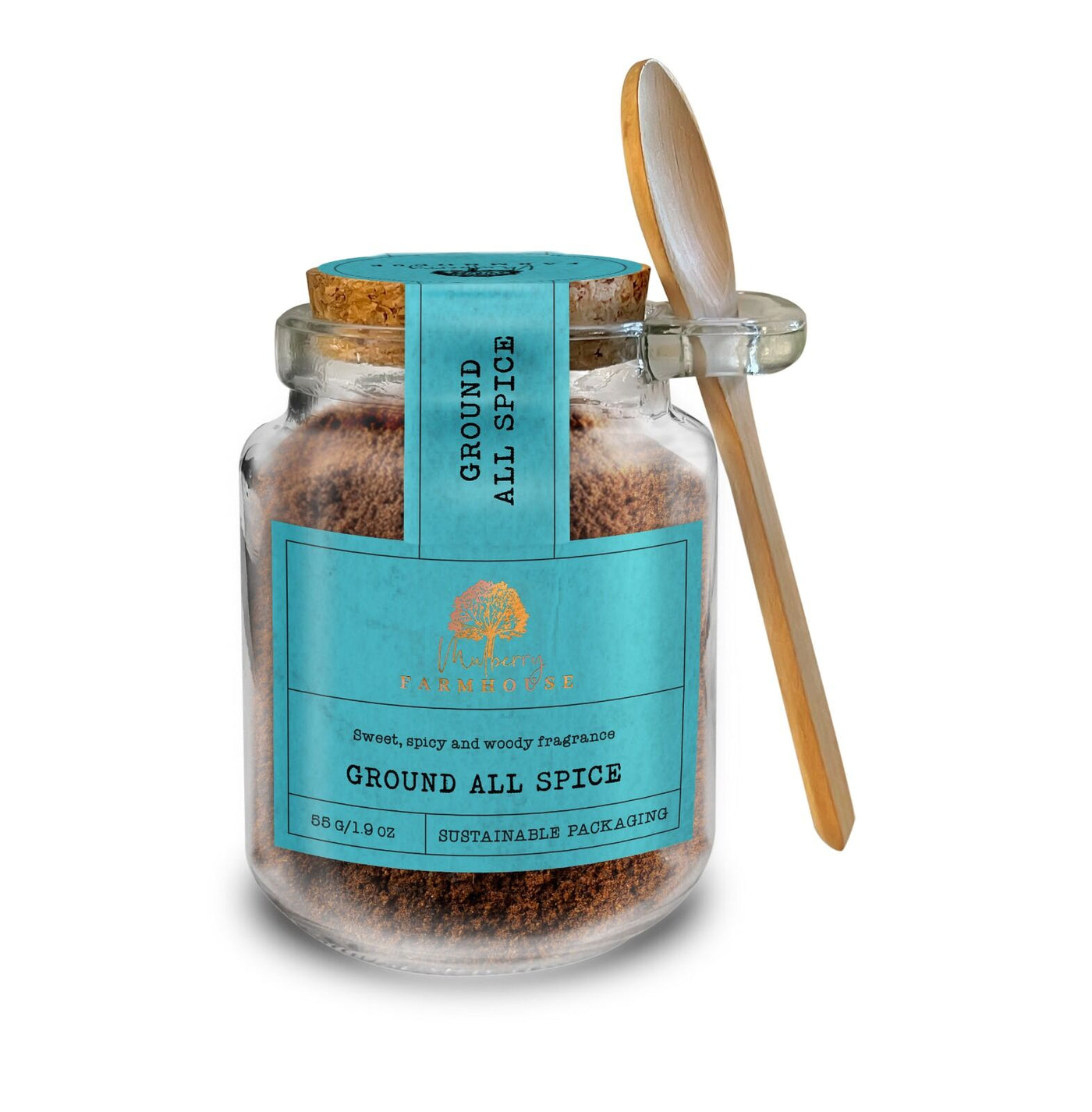 Ground All Spice Refillable Glass Jar & Wooden Spoon