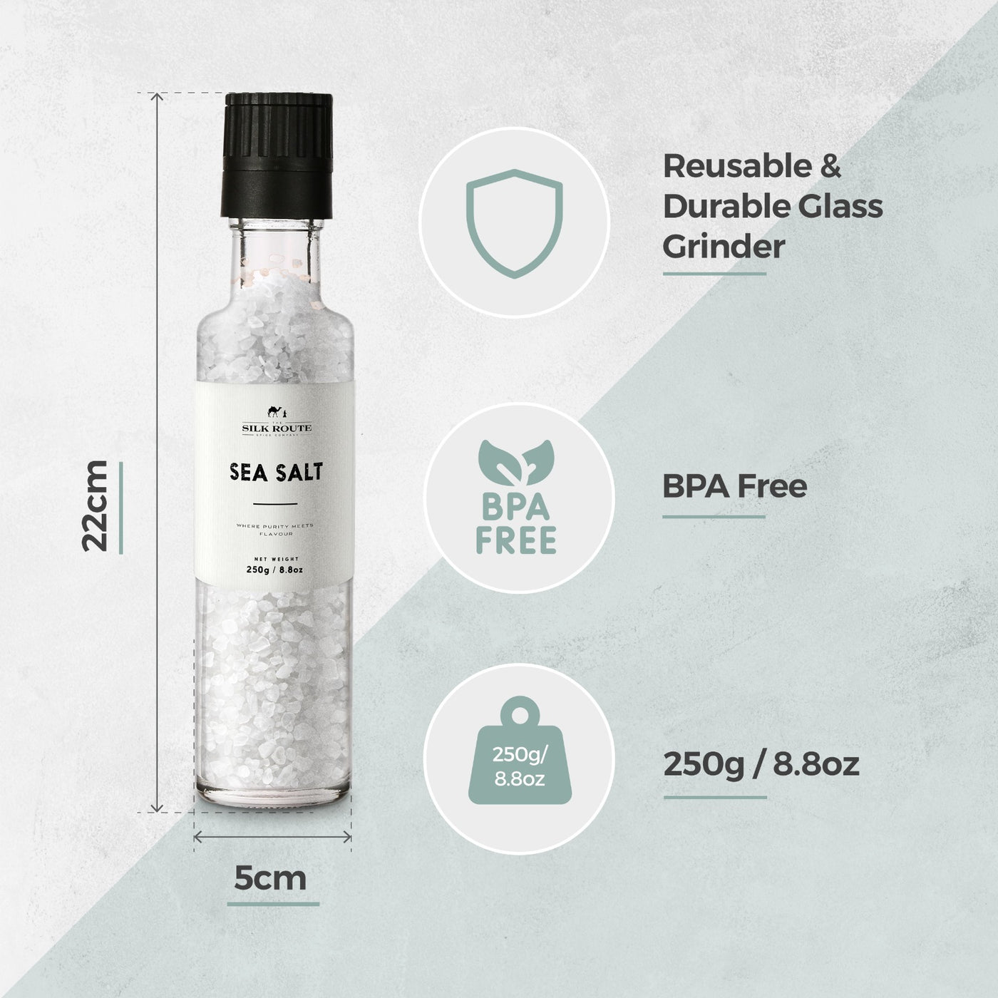 White Sea Salt Refillable Glass Grinder 250g