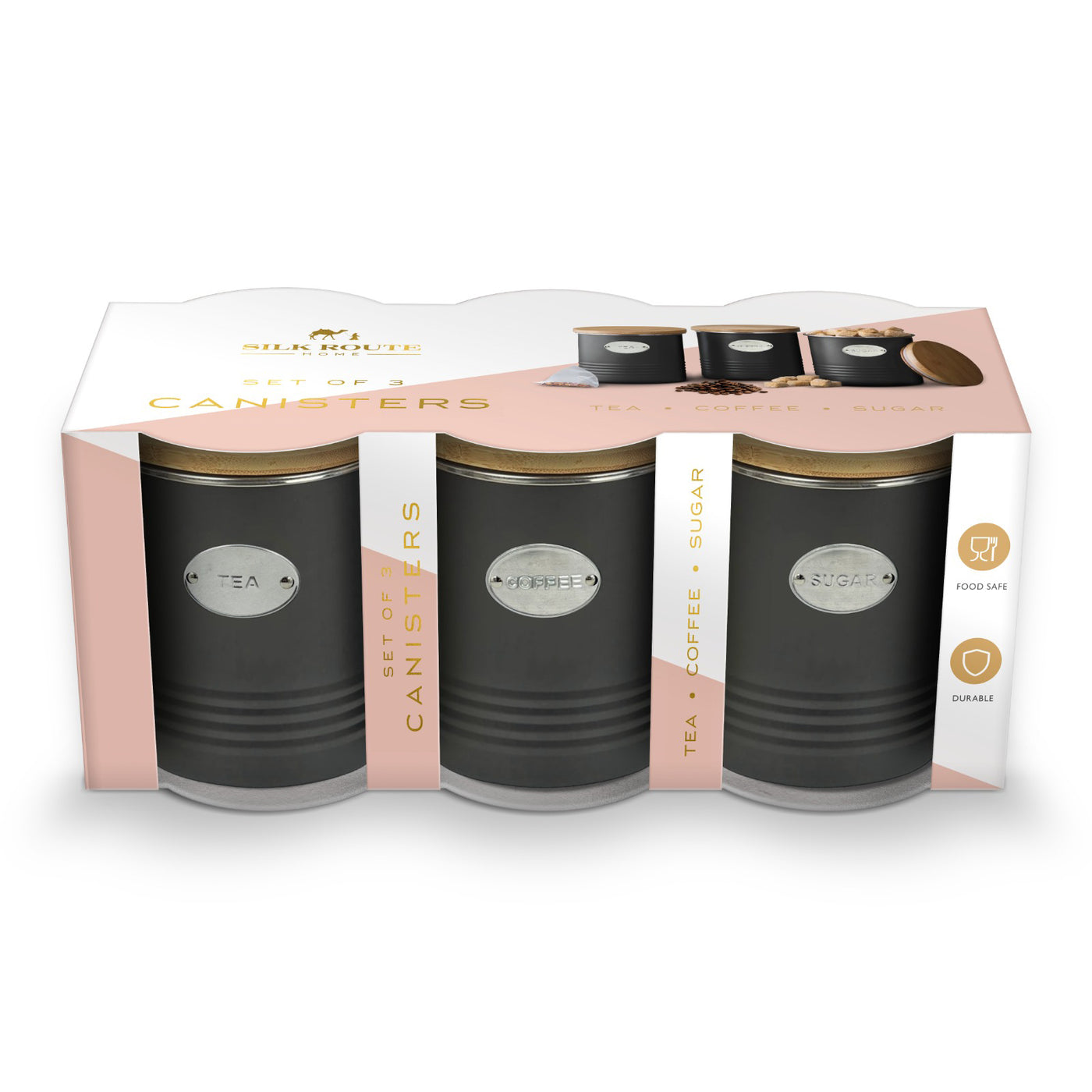 Black Metal Kitchen Tea, Coffee & Sugar Canister Set