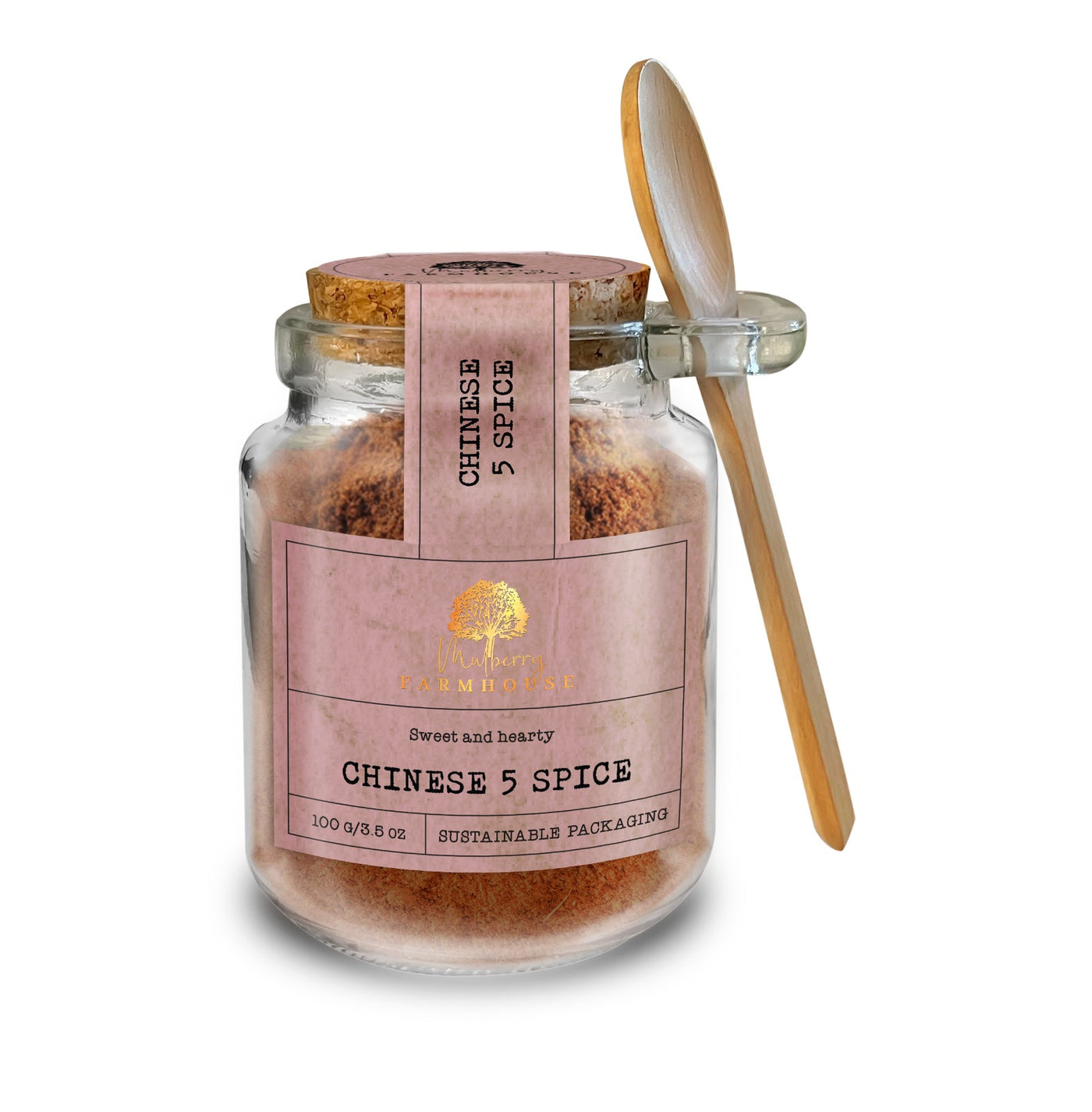 Chinese 5 Spice Refillable Glass Jar & Wooden Spoon