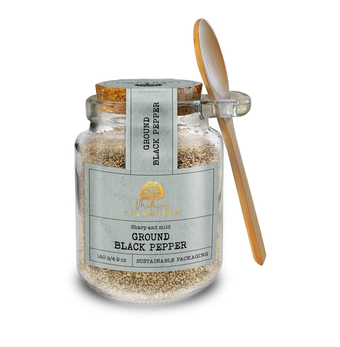 Ground Black Pepper Refillable Glass Jar & Wooden Spoon