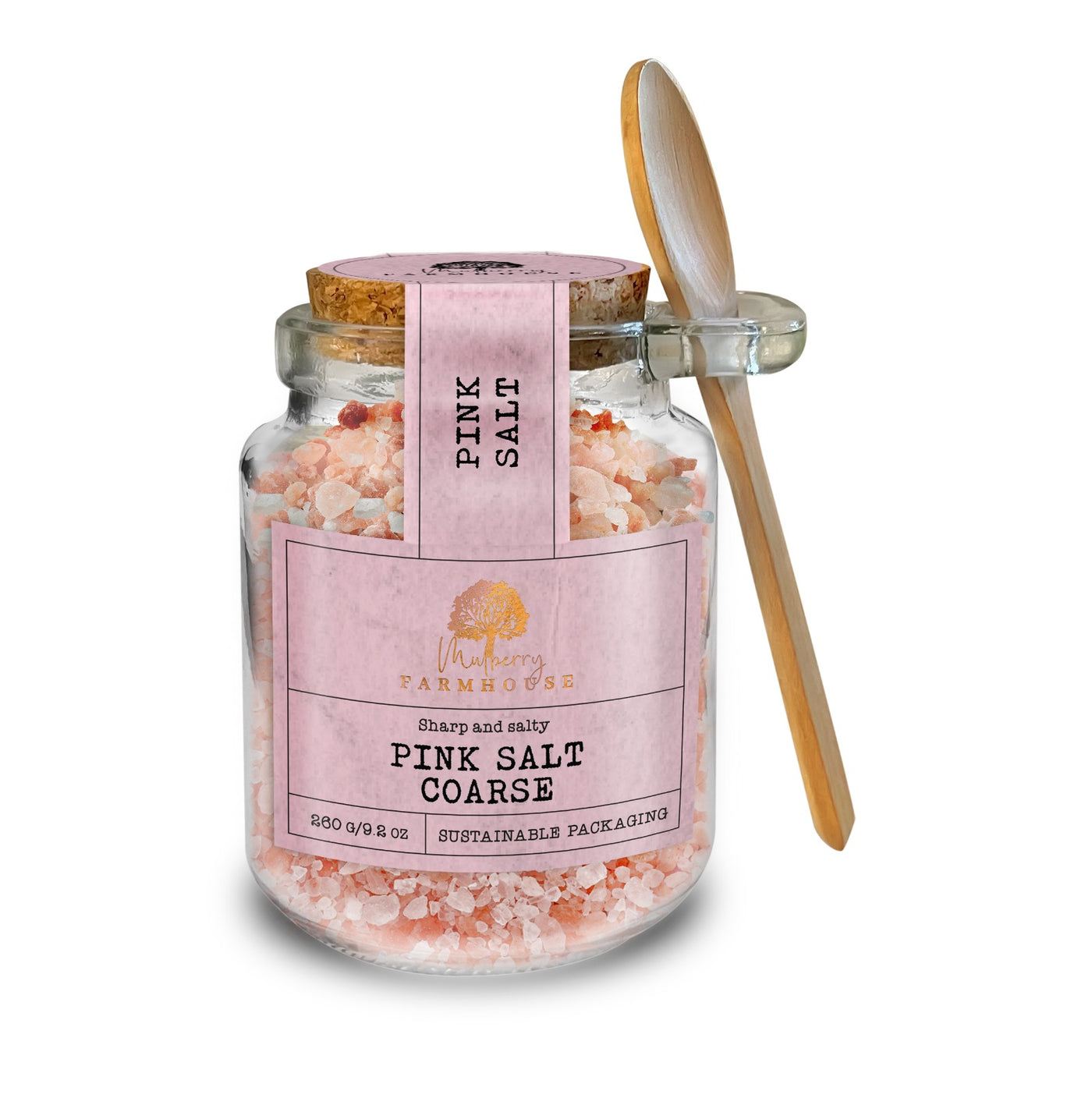 Coarse Pink Salt Refillable Glass Jar & Wooden Spoon