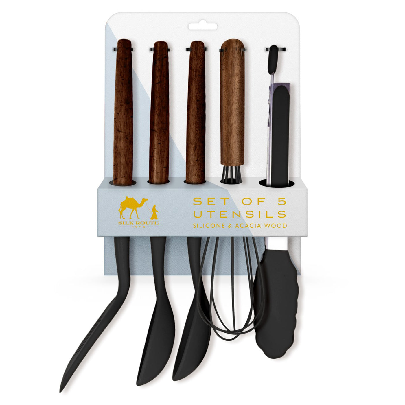Acacia Wood & Black Silicone Set of 5 Utensils Set
