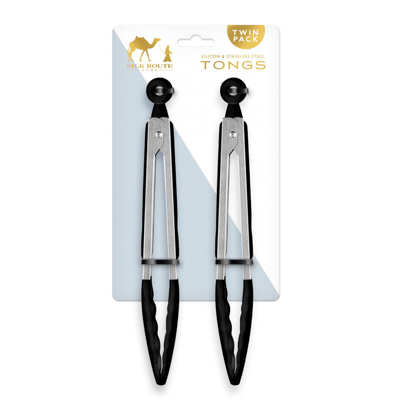 Stainless Steel & Black Silicone Pack of 2 Food Tongs