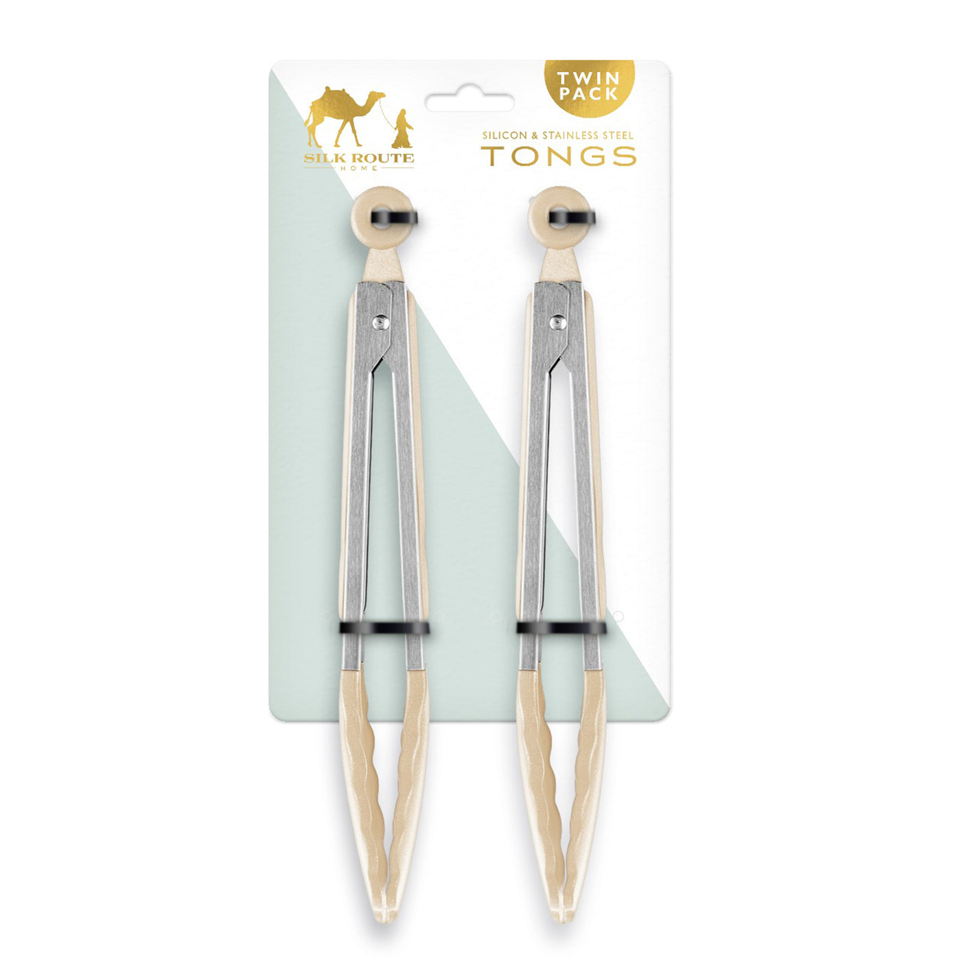 Stainless Steel & Cream Silicone Pack of 2 Food Tongs