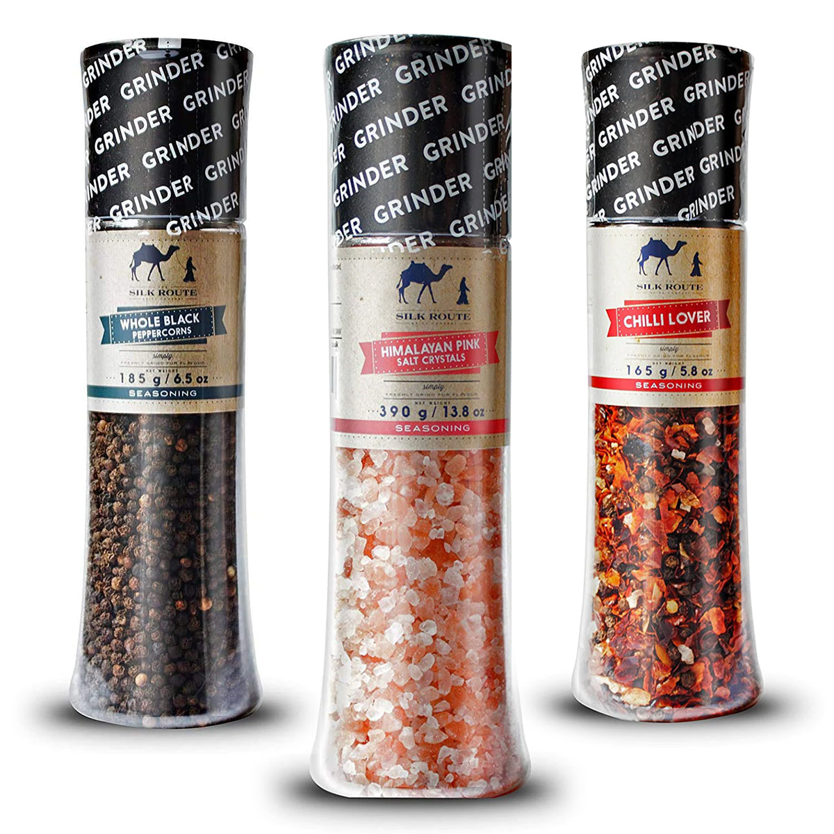 Spice Grinder Seasoning Bundle - Black Pepper, Pink Salt Grinder & Chili Grinder