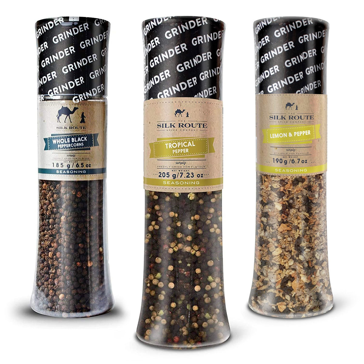 Mixed Pepper Grinder Bundle - Black Pepper, Lemon Pepper & Tropical Pepper