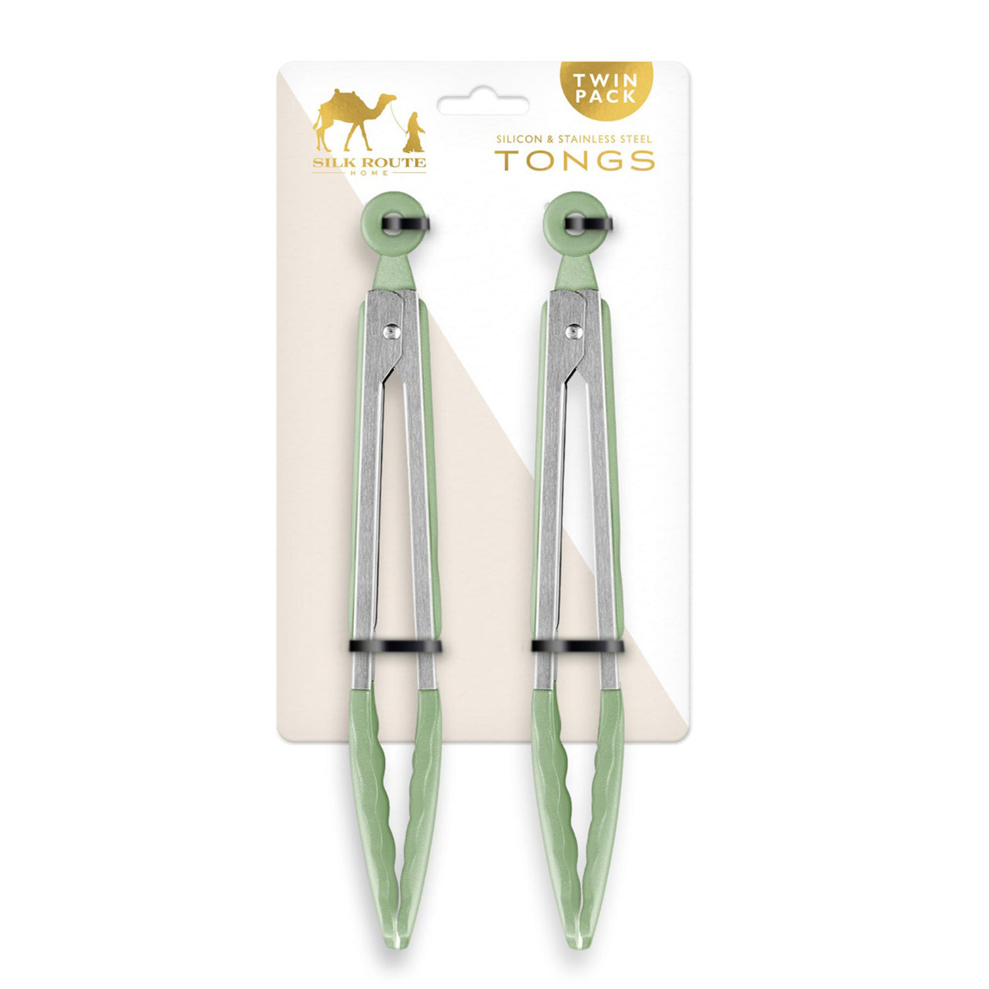 Stainless Steel & Sage Green Silicone Pack of 2 Food Tongs