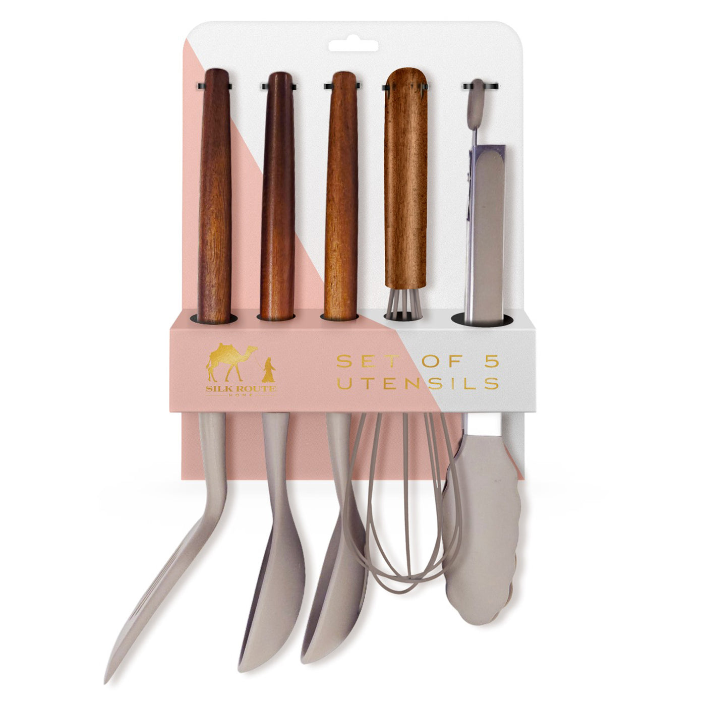 Acacia Wood & Grey Silicone Set of 5 Utensils Set