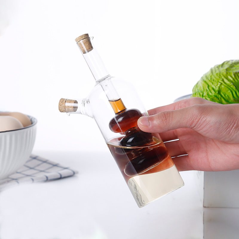 Dispensador De Vinagre Y Aceite 2 En 1 De Cristal - Cámara Interior 80 Ml, Exterior 300 Ml, Corchos Incluidos