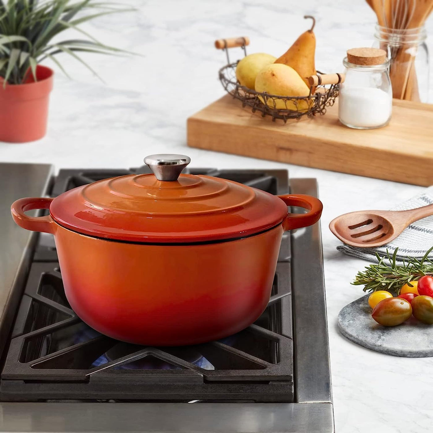 Orange cast iron casserole dish pot