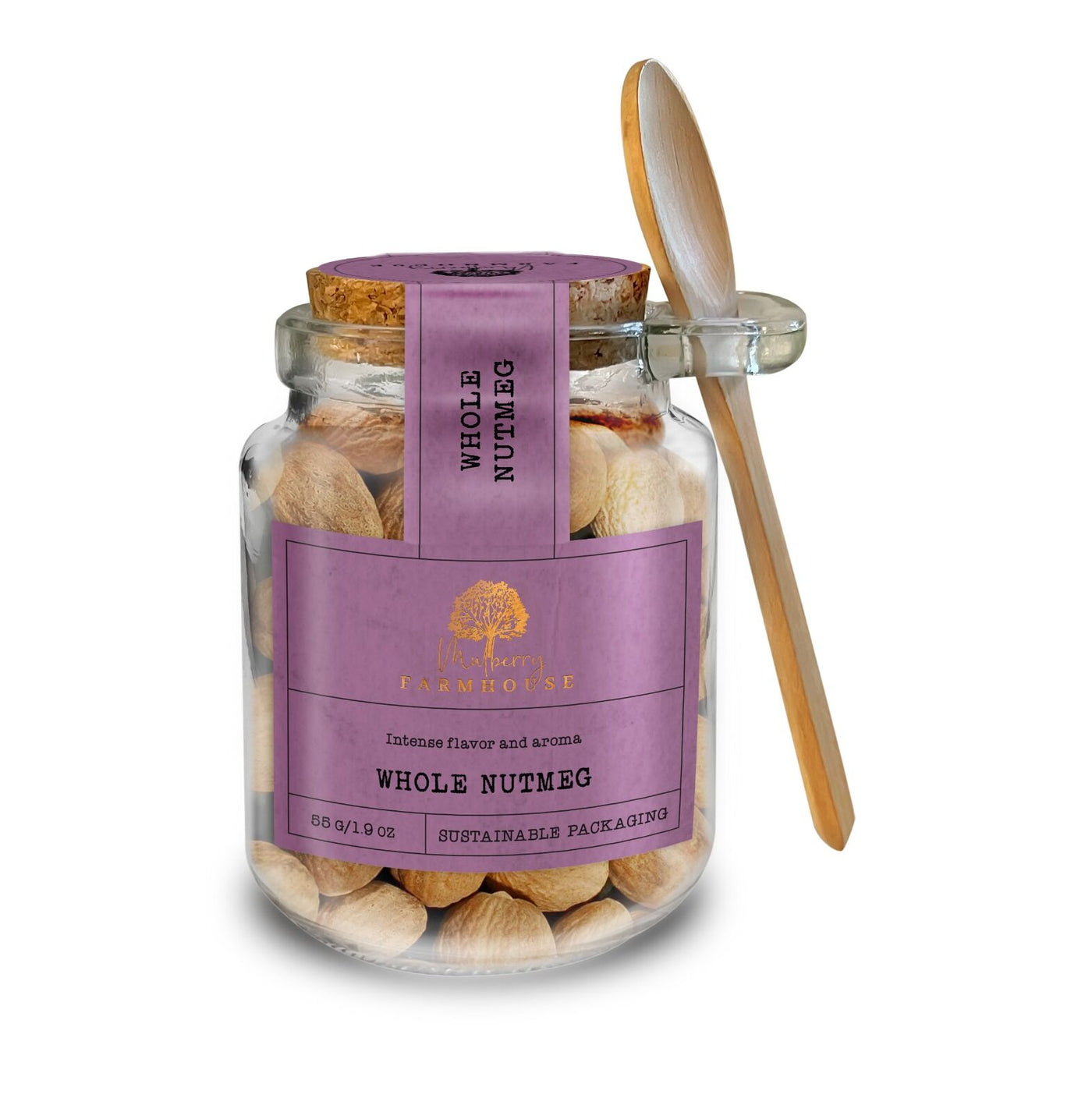 Whole Nutmeg Refillable Glass Jar & Wooden Spoon