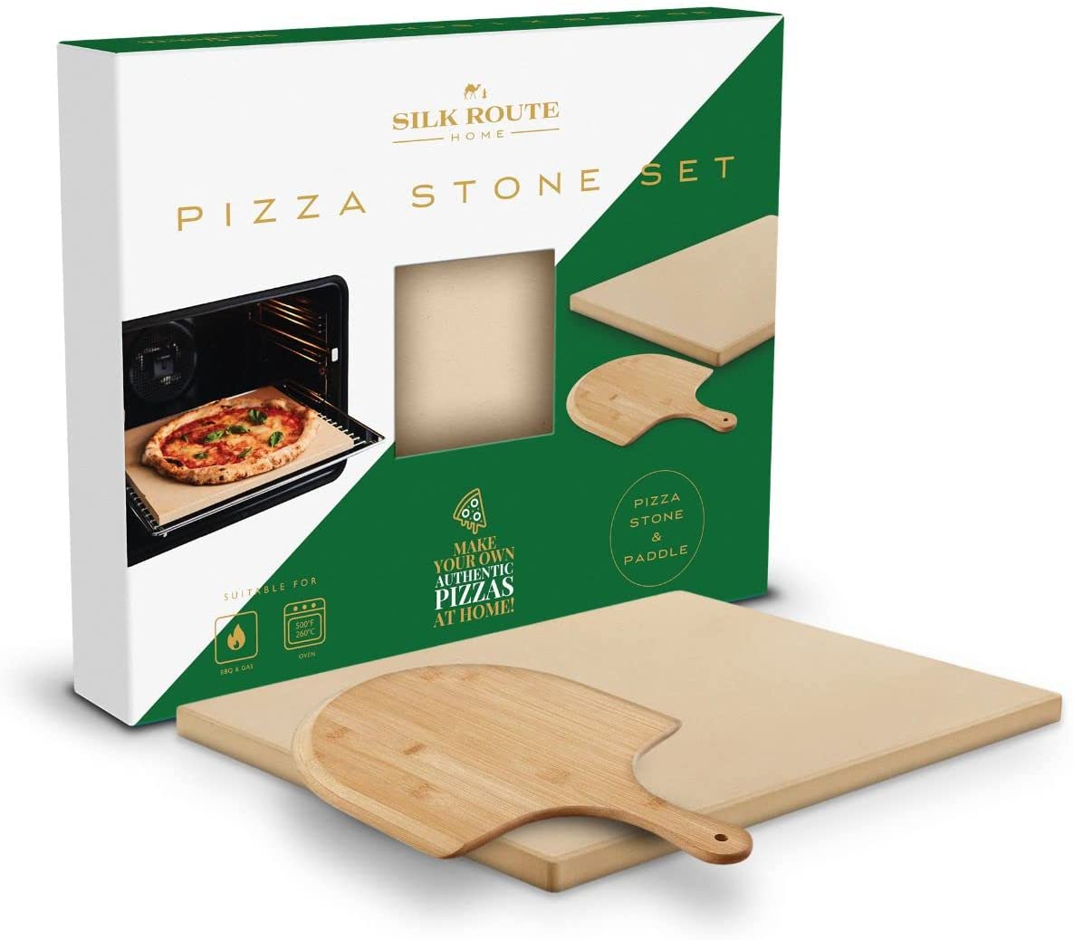 Ceramic Pizza Stone Set & Bamboo Pizza Paddle