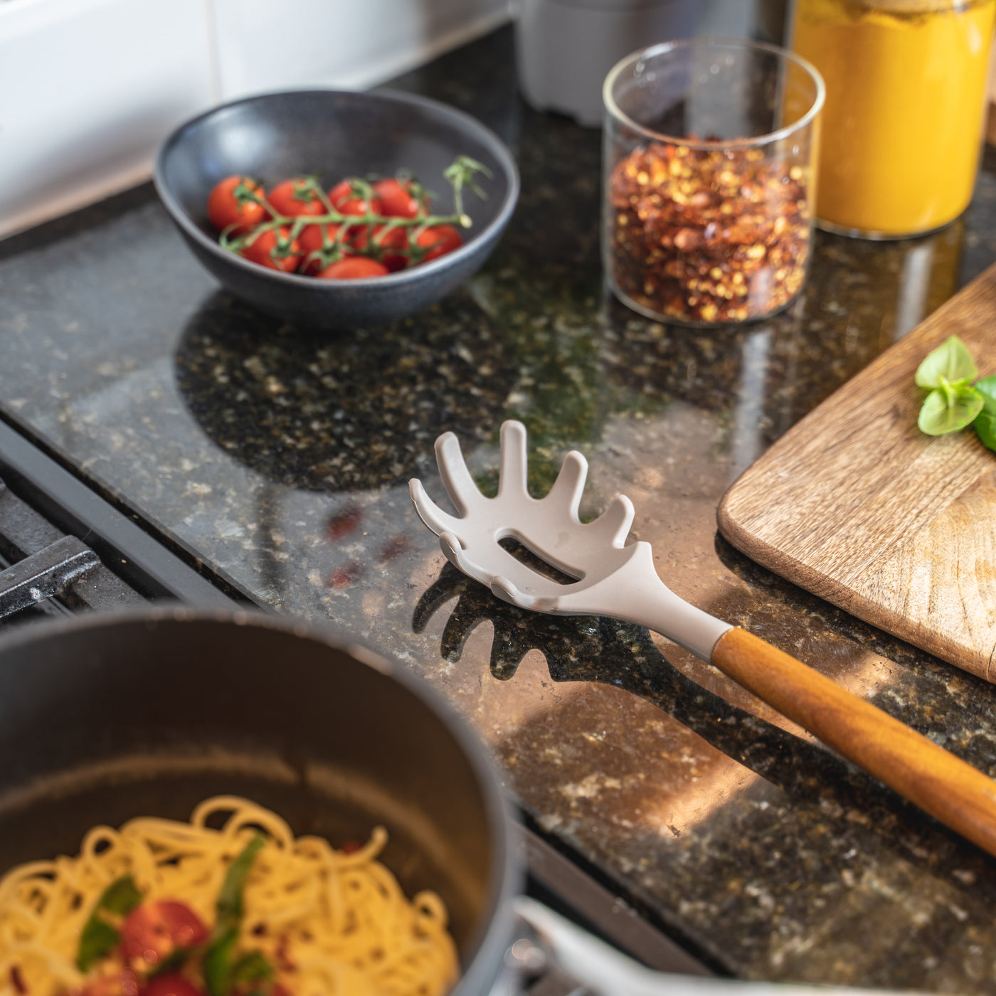 Acacia Wood & Grey Silicone Spaghetti Server
