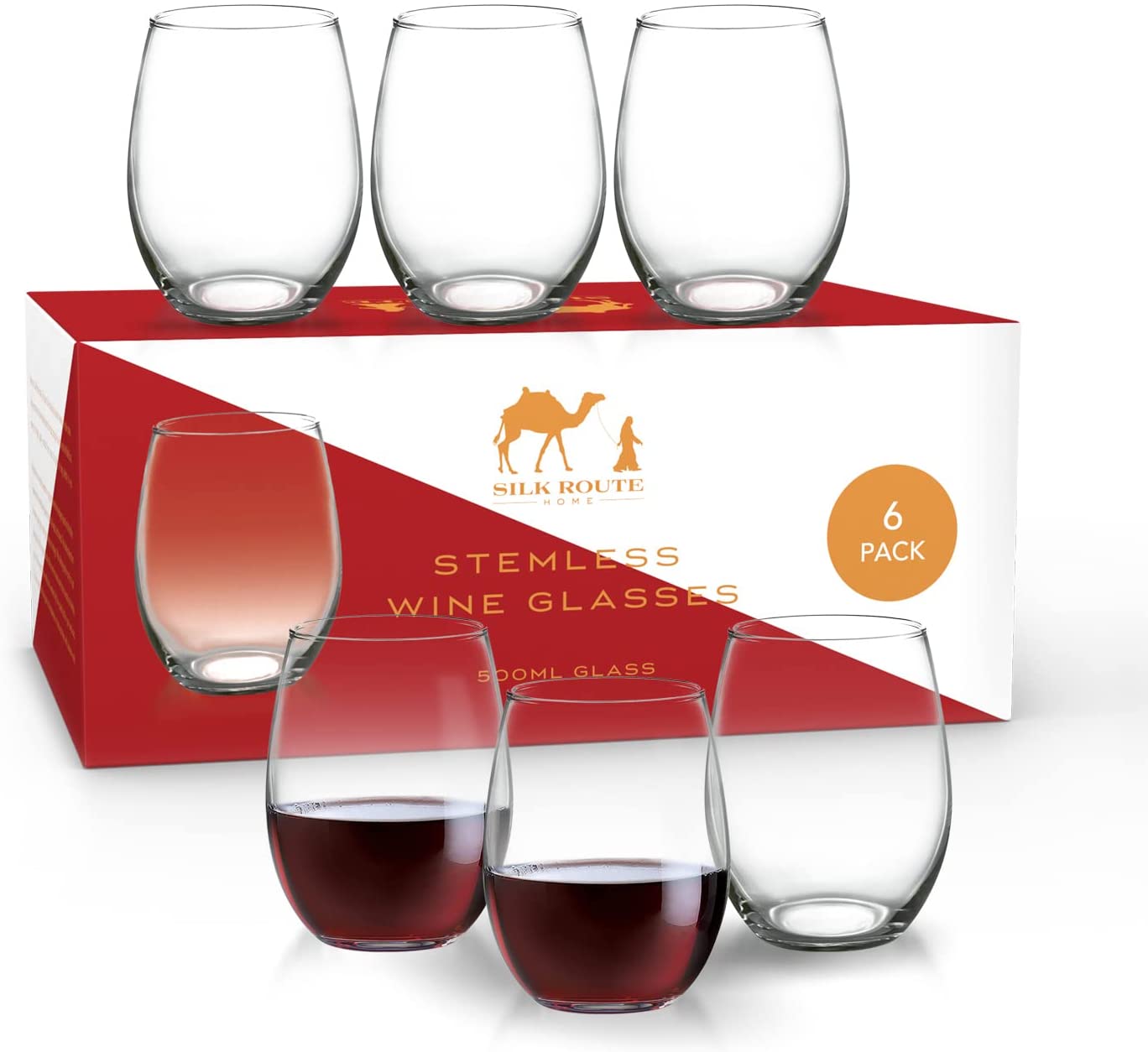 6 x 500ml Clear Stemless Wine Glasses